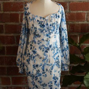 Better Be Bubbly Long Sleeve Floral Print Mini Dress Blue White